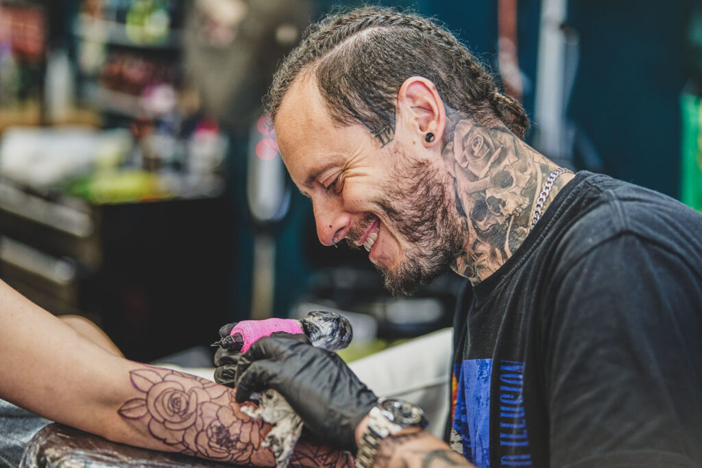 Steven Gigli of Black Dagger Tattoo Norwich working in a studio as a tattoo artist - Blanc Creative Photography Norwich