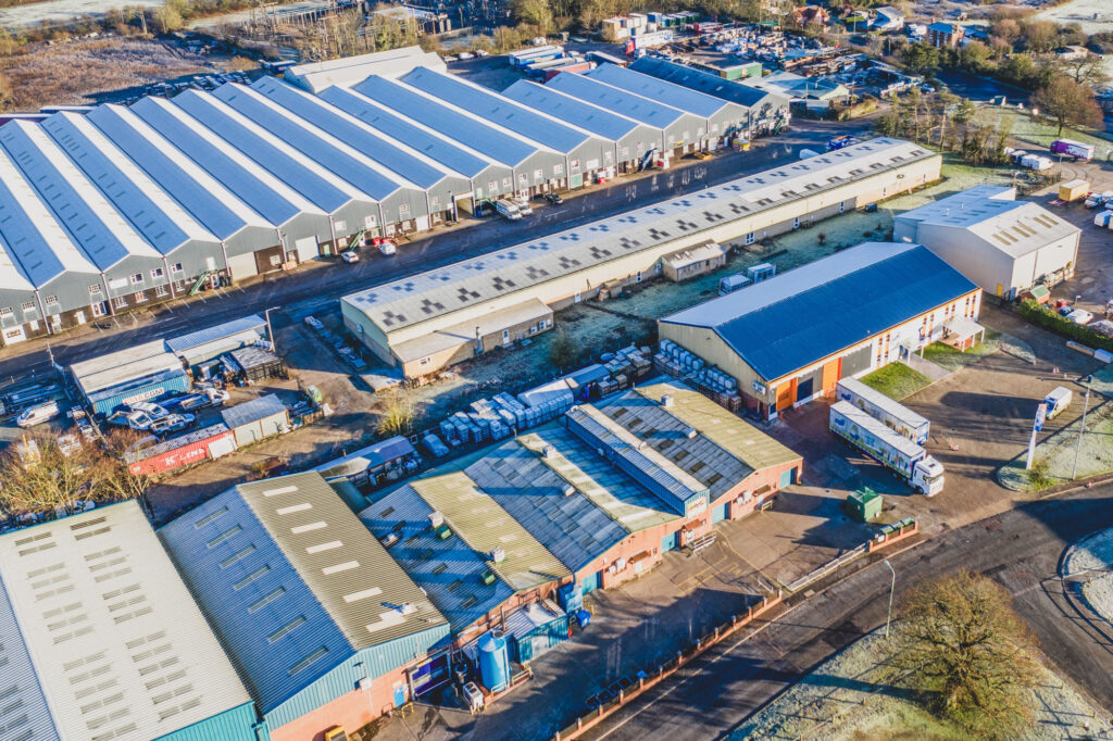 A drone photograph of a large factory and production facilities in Suffolk - Manufacturing Photography Norwich.