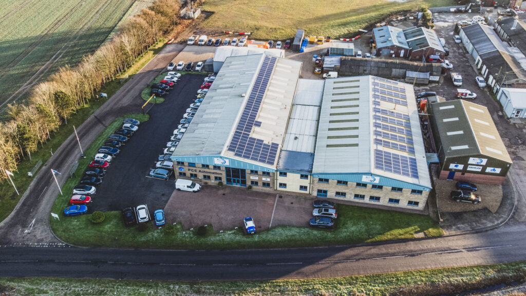 An exterior photograph using a drone of PCE Automation in Beccles, Suffolk. Manufacturing Photography Norwich.