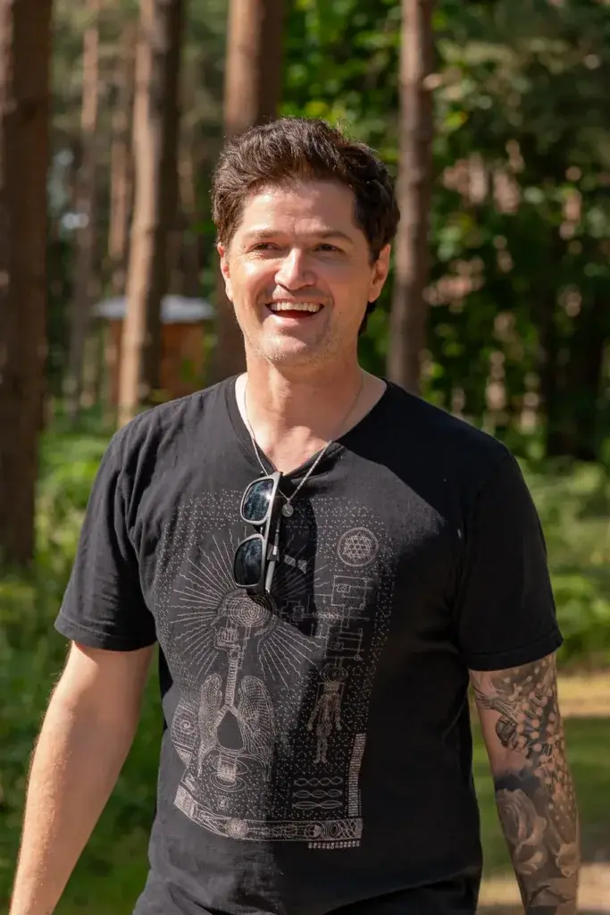 The Script relax backstage in the scenic woodland of Forest Live Concerts before their 2025 concert. Photography by Lee Blanchflower