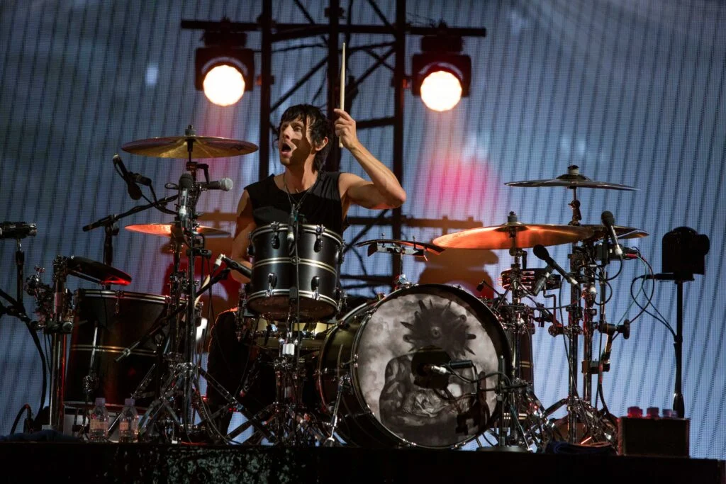Dominic Howard of Muse mid song on drums, Radio 1 Big Weekend, Earlham Park Norwich 2015