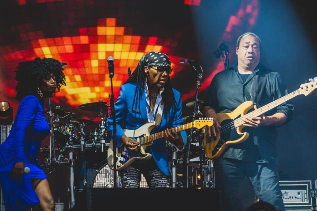 Nile Rodgers playing his white Stratocaster at Forest Live, Thetford Forest